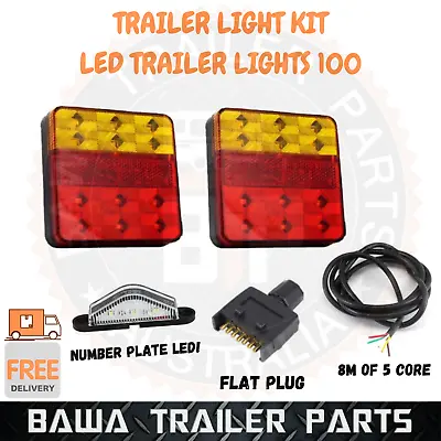 Led 100 Trailer Lights Kit 7 Pin Flat Plug Number Plate Light 5 Core Cable Wire • $48.95