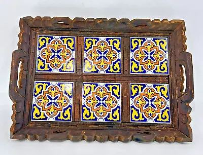 Vintage Hand Carved Wood Talavera Tile Serving Tray Handles 19 X 13  Mexico • $58.65