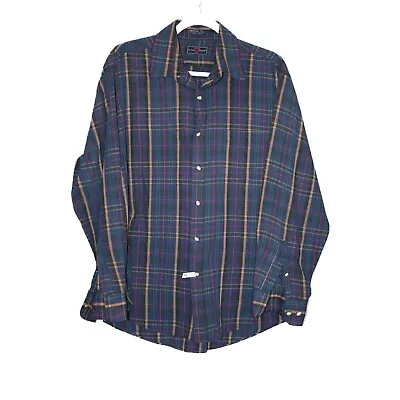 Rayal Knight Men Blue Gree Flannel Plaid Button Up Shirt Heavy Long Sleeve Large • $9.49