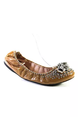 Miu Miu Womens Patent Leather Rhinestone Studded Flats Brown Silver Tone Size 8 • $89.99