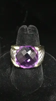 David Yurman 18k Sterling Silver14mm Amethyst Cushion Cut Ring 9g  Size 7 • $81