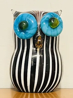 Murano Style Art Glass Owl Figurine Black & White Striped Large Blue Eyes • $19