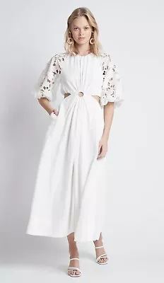 SHEIKE Ava White Linen Lace Sleeve Cutout A-line Maxi Dress Sz 12 Party RRP $240 • $159