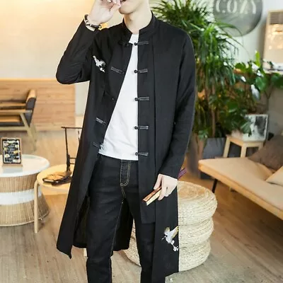 Chinese Style Men Long Jacket Hanfu Tang Suit Trench Coat Slim Fit 5XL Clothes L • $49.07