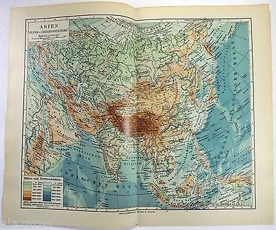 Asia - Original 1924 Physical Map By Meyers. Vintage German Language Map • $17