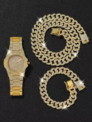 Unisex Lab Diamond Luxury Watch & Iced Cuban Chain Necklace & Hip Hop Bracelet • $29.99