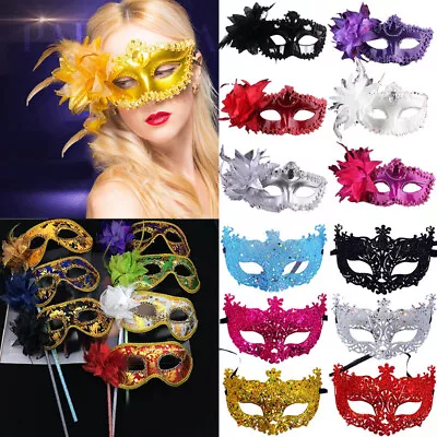 ❤Glitter Masquerade Feather Venetian Mask Fancy Dress Party Theme Ball Eye Mask • £4.16