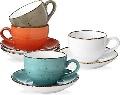 4-PK 8oz Ceramic Cappuccino Cups And Saucers Set Microwave Dishwasher Safe Mugs  • £37.60