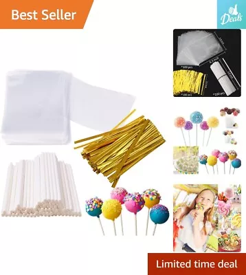 Cake Pop Sticks And Wrappers - 300pcs - Transparent Bags & Golden Twist Ties • $14.24