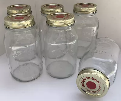 6 Vintage Magic Button Mason Jars Clear Quart Regular Mouth With Original Lids • $82.50