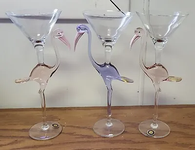 3 Murano Stork Wine Martini Champagne Stemware 10 Inch Glasses 2 Pink 1 Purple • $225