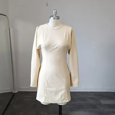 Zara Neoprene Dress Cream M Futuristic Hip Bust Contour Dolman Long Sleeve  • $48.75