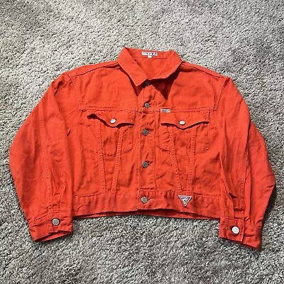 Vintage GUESS Georges Marciano Denim Jean Jacket Bright Orange Crop Fit 80s USA • $48.95