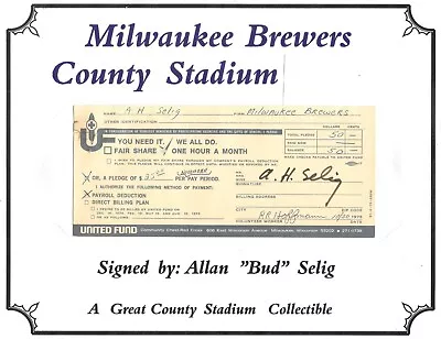 Allan  Bud  Selig Signed United Fund Donation Card Milwaukee Brewers • $10