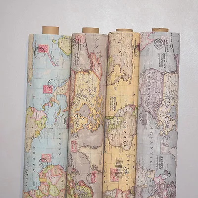 Vintage World Map Cotton Linen Fabric Curtain & Upholstery 4 Colours 54  Wide • £10.49