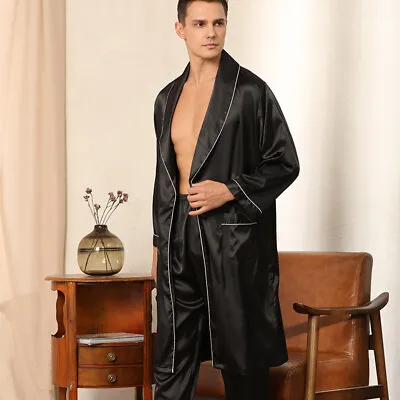 Men's Bathrobe Silk Robe Trousers Two-Piece Set Solid Long-Sleeved Pajamas • $29.50