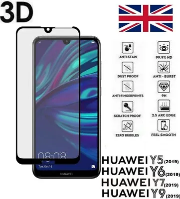 For Huawei Y5 Y6 Y7 Y9 2019 Screen Protector 3D TEMPERED GLASS Black Edge Clear • £3.45