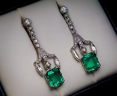 Art Deco Vintage Style Emerald & Lab-Created Diamond Dangle 925 Silver Earrings • $70.70