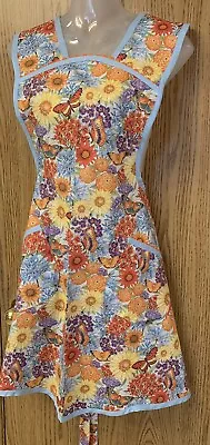 Handmade Bib Apron Spring Floral Blue Orange Yellow Vintage Retro  Waist 38” • $21.50