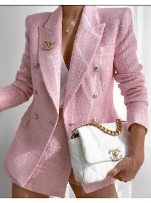 BNWT ZARA Pink Textured Boucle Tweed Blazer Silver Buttons Size Small UK 8 10 • $94.72