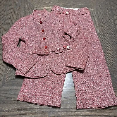 Floriane Girls Red Boucle Pant Suit Belted Jacket 8 Wide Leg Pants 6 READ DESC • £31.33