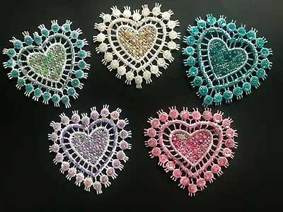 Sew On Lace Sequinned Beaded Embroidered Heart Embellishment Patch Dress Trim  • £1.99