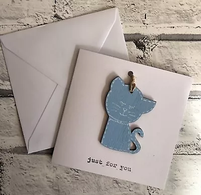 £3.70 • Buy Hand Painted Blue Cat Wooden Keepsake Handmade Card Just For You Any Occasion