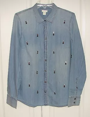 NWT J Crew Collection Size 10 Blue Cotton Denim Beaded Boy Shirt Top #02967 • $89.50