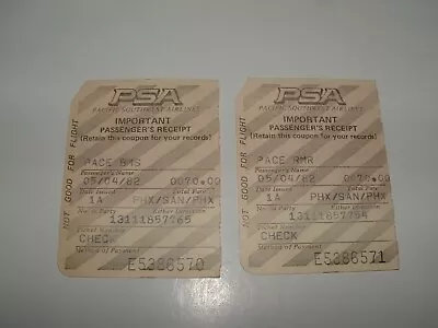 Pacific Southwest PSA Airlines Used Passenger Receipt Stub (2) 1982  Pre-owned • $10.99