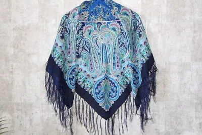 Blue Fringe Shawl Vintage Russian Scarf Ukrainian Wool Shawl Ethnic Folk • $36