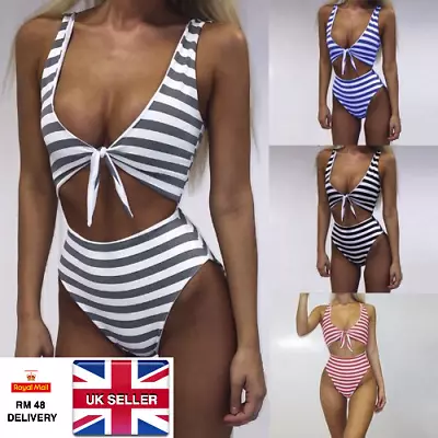 £4.97 • Buy Monokini Swimsuit Womens Ladies Sexy High Waist Tie Front Striped Bikini Bathing