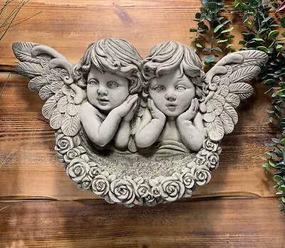 Stone Garden  Twin Cherub With Wings Wall Plaque Hanging Scone Shelf Ornament • £30.35