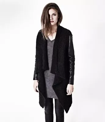 ALL SAINTS Black Wool & Leather Waterfall Force Cardigan Size 12 Goth Gothic • £20