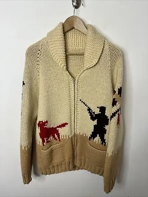 100% Wool Mary Maxim Hunting Theme Sweater Vintage Hand Knit Men's L Zippered • $195