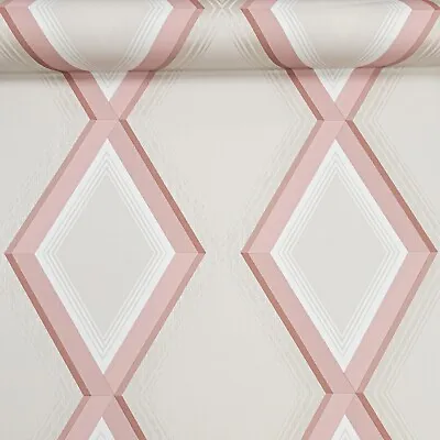 Grandeco Off White Pink Cream Shimmer Geometric Diamond Textured Vinyl Wallpaper • £8.99