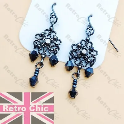 4cm Gothic FAUX MARCASITE Rhinestone CHANDELIER EARRINGS Hematite Black Bead • £2.88