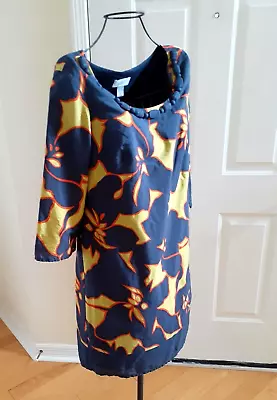 Loft Cotton Lined Floral Dress 3/4 Sleeve Crew Neck Navy Blue & Nion Green Sz XS • $12.95