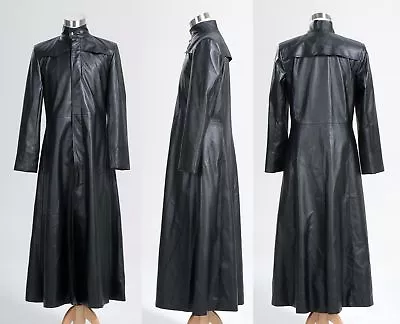 Mens Neo Matrix Trench Coat Keanu Reeves Black Leather Trench Coat Gothic Jacket • $105.03