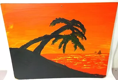 Art Beach Ocean Scene Painting Sailboats Island Palms Sunset Nature Original • $24.75