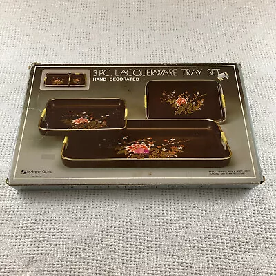 Black Lacquerware Trays Vintage Jay Import Co Pair Asian Floral Original Box • $35.33