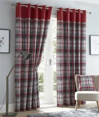 Red Curtains Eyelet Ring Top Lined Curtains Tartan Check Ready Made • £38.69