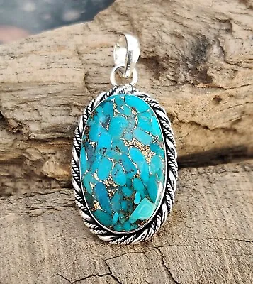 Blue Copper Turquoise Pendant 925 Sterling Silver Beautiful Jewelry MO462 • $18.52