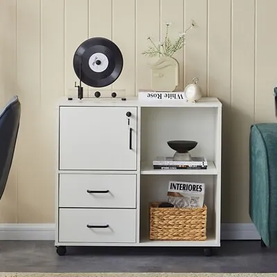 Office Storage Cabinet White Wood File Sideboard With Shelf Drawers Lock Wheel • £45.99