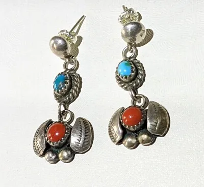 VINTAGE OLD PAWN Turquoise & Coral NAVAJO Handmade STERLING Silver Earrings • $49.99