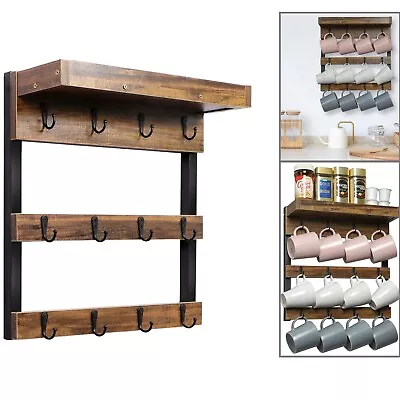 Rustic Mug Rack Cup Holder Wall Mounted With Open Shelves & 12 Sturdy Hooks • $24.99