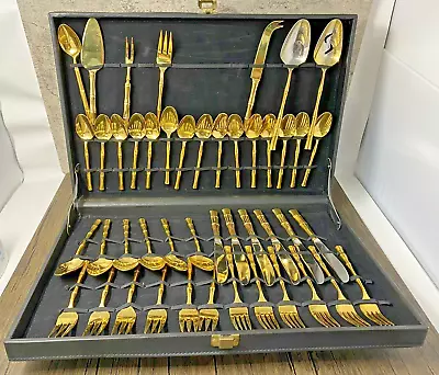 Vintage Viners Of Sheffield Gold Bamboo Cane Stainless Flatware Set 46 Pcs MCM • $164.99