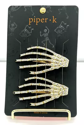 Piper K Skeleton Hand Hair Clips 2Pc Set Gold Tone Sparkly Rhinestones Galore • $14