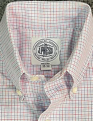 J Press Shirt Mens 15 32 Blue White Red Check Business Oxford OCBD Made In USA • $39.95
