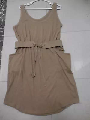 Country Road Taupe Cotton  Dress Tie Belt Sleevless Slit Pockets L Vgc • $25