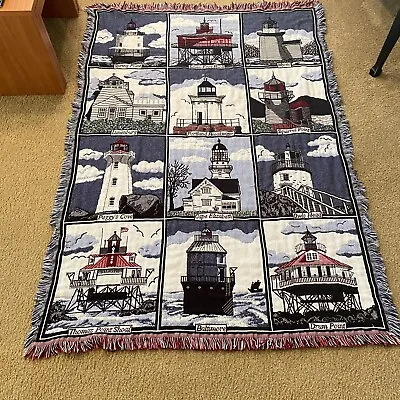 Large 64x42 Afghan FAMOUS LIGHTHOUSE Quilt Style Throw Blanket Reversible Fringe • £43.23